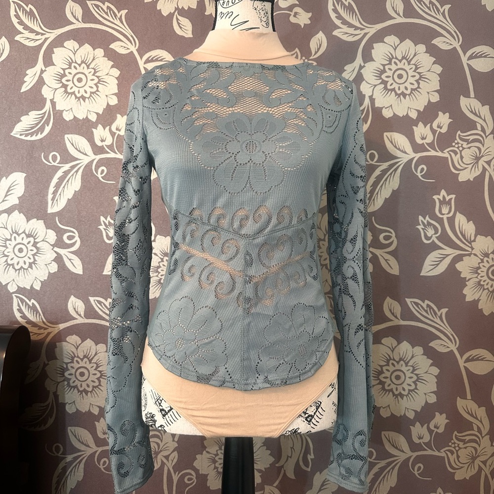 Free People Blue Lace Long Sleeve Top